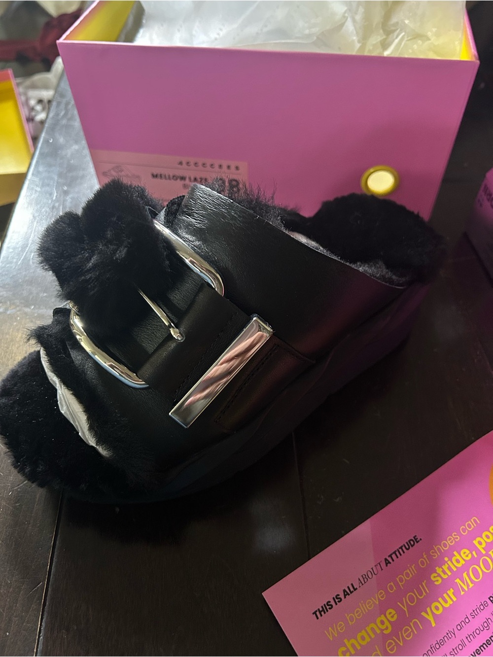 New $295 Mellow Shearling Laze Slide Black Nappa Well Heeled sz 38 fur slides - Picture 3 of 5
